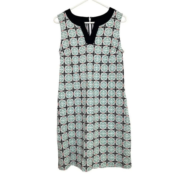 Talbots Dress Sz 4 Morrocan Tile Linen Cotton Sheath Sleeveless Navy Aqua Coral - Picture 1 of 11